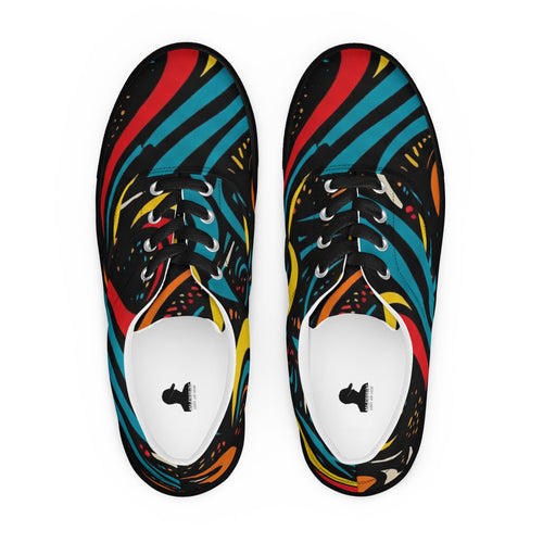 Schnür-Sneaker von majorprint in der Draufsicht mit einem dynamischen, abstrakten Wellenmuster in kräftigem Blau, Rot, Gelb und Orange auf schwarzem Canvas.