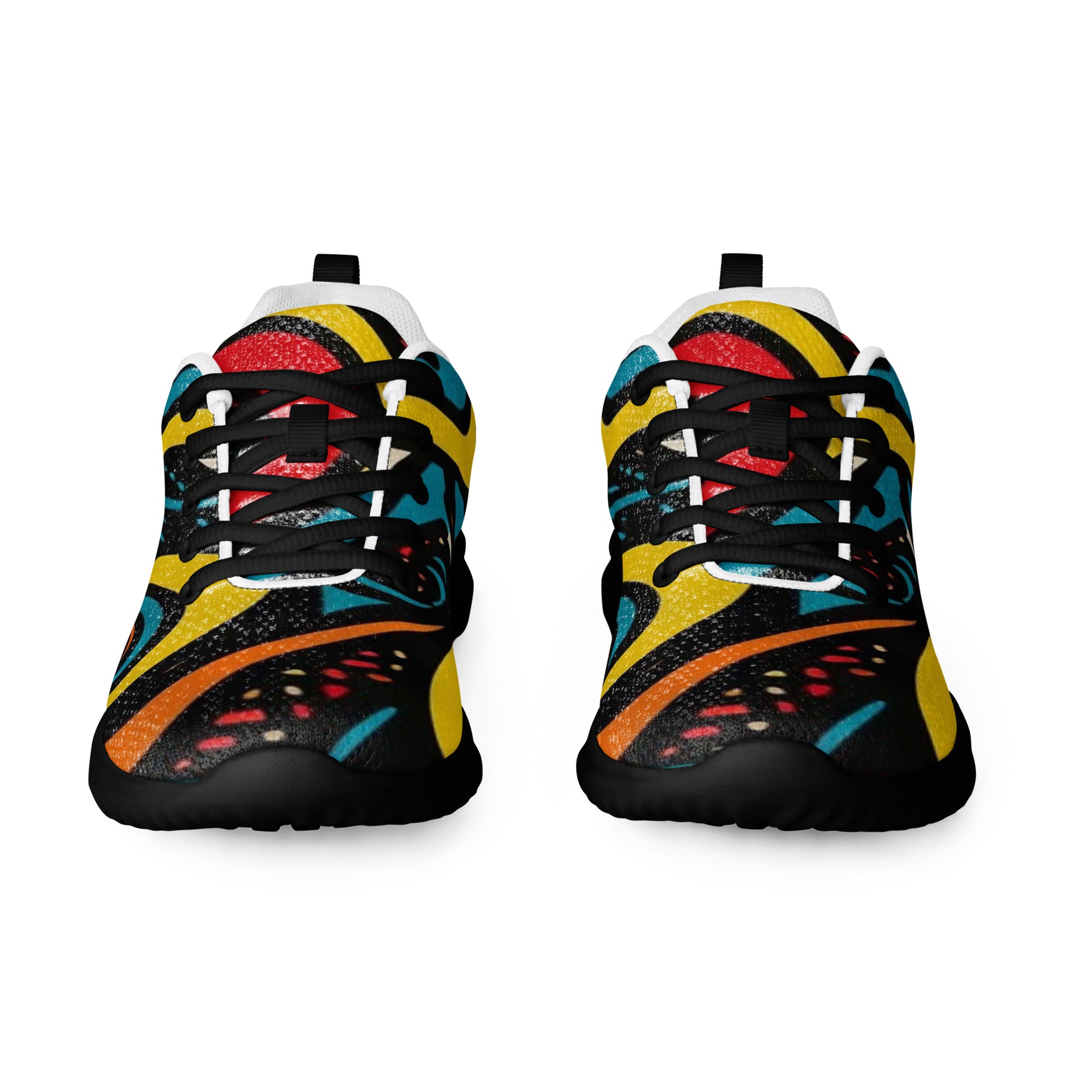 Sportliche Mesh-Sneaker von majorprint in der Frontansicht mit einem lebhaften, abstrakten Wellenmuster in Blau, Rot, Gelb und Orange sowie schwarzen Schnürsenkeln.