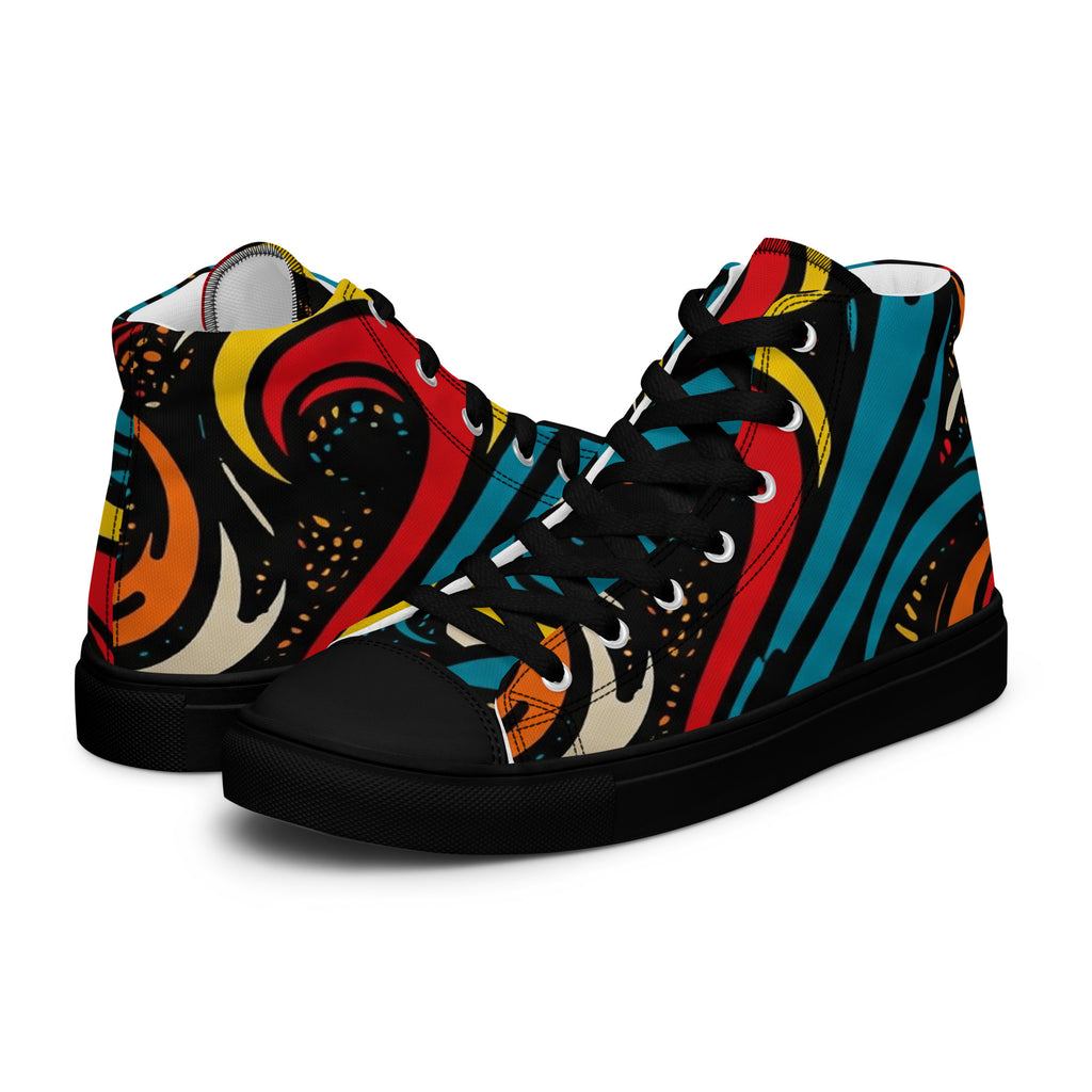 Knöchelhohe High-Top-Sneaker von majorprint aus Canvas mit einem dynamischen, abstrakten Wellenmuster in kräftigem Blau, Rot, Gelb und Orange auf schwarzem Grund.
