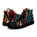 Knöchelhohe High-Top-Sneaker von majorprint aus Canvas mit einem dynamischen, abstrakten Wellenmuster in kräftigem Blau, Rot, Gelb und Orange auf schwarzem Grund.