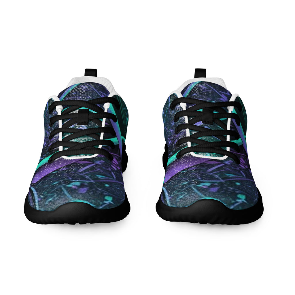 Produktbild von majorprint: Sportliche Mesh-Laufschuhe oder Sneaker von vorne fotografiert. Das schwarze Obermaterial ist mit einem leuchtenden, abstrakten Design aus geschwungenen Linien und Farbflecken in Violett und Cyan bedruckt. Die Schuhe haben schwarze Schnürsenkel und eine schwarze Sohle.