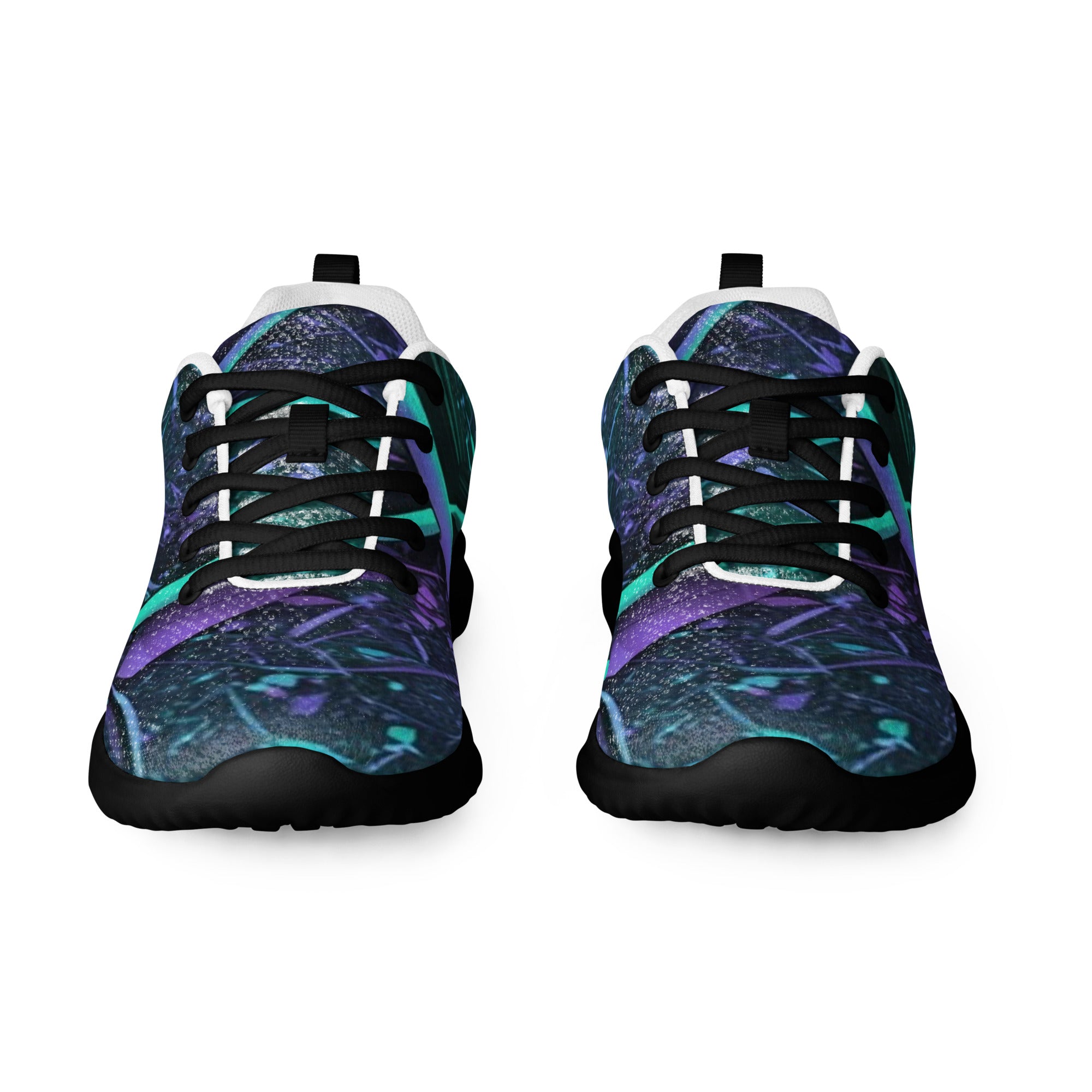 Produktbild von majorprint: Sportliche Mesh-Laufschuhe oder Sneaker von vorne fotografiert. Das schwarze Obermaterial ist mit einem leuchtenden, abstrakten Design aus geschwungenen Linien und Farbflecken in Violett und Cyan bedruckt. Die Schuhe haben schwarze Schnürsenkel und eine schwarze Sohle.