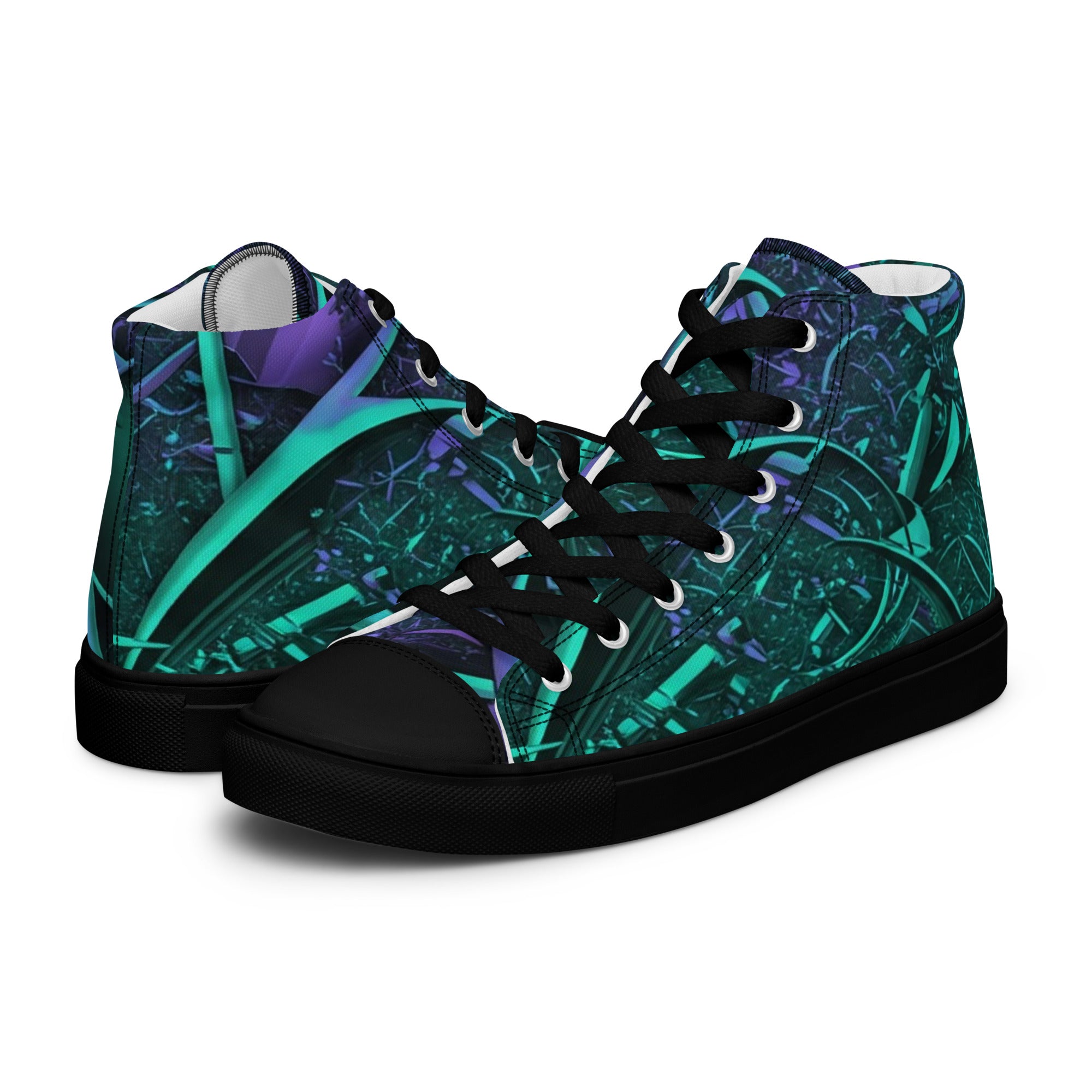 Produktbild von majorprint: Klassische High-Top-Laufschuhe aus Canvas in der Schrägansicht. Das Obermaterial ist komplett in einem kontrastreichen Camouflage-Muster aus Schwarz, Dunkelgrau, Hellgrau und Weiß gehalten. Die Sneaker besitzen eine schwarze Zehenkappe, eine schwarze Gummisohle und schwarze Schnürsenkel, die durch weiße Ösen geführt sind.