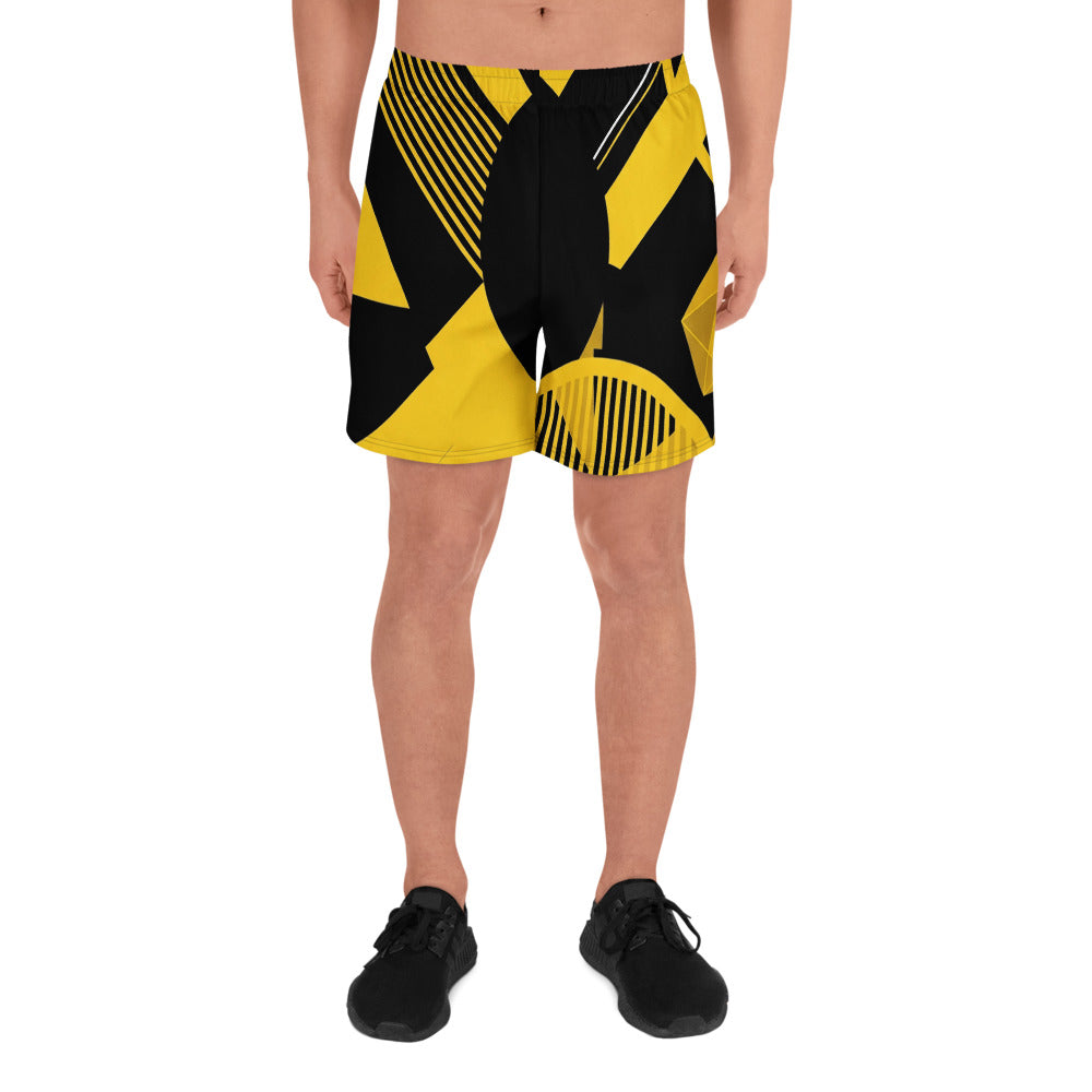 Unisex Badeshorts mit markantem geometrischem Grafik-Print in Gelb und Schwarz. Die vielseitige Schwimmhose von majorprint überzeugt durch ein abstraktes Design aus Linien, Kreisen und kantigen Formen. Kurze Passform mit elastischem Bund, ideal für Sport und Freizeit am Wasser.
