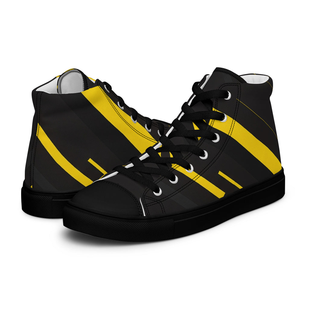 Knöchelhohe High-Top-Sneaker von majorprint aus schwarzem Canvas mit einem dynamischen gelben Streifenmuster, schwarzer Zehenkappe und Sohle.