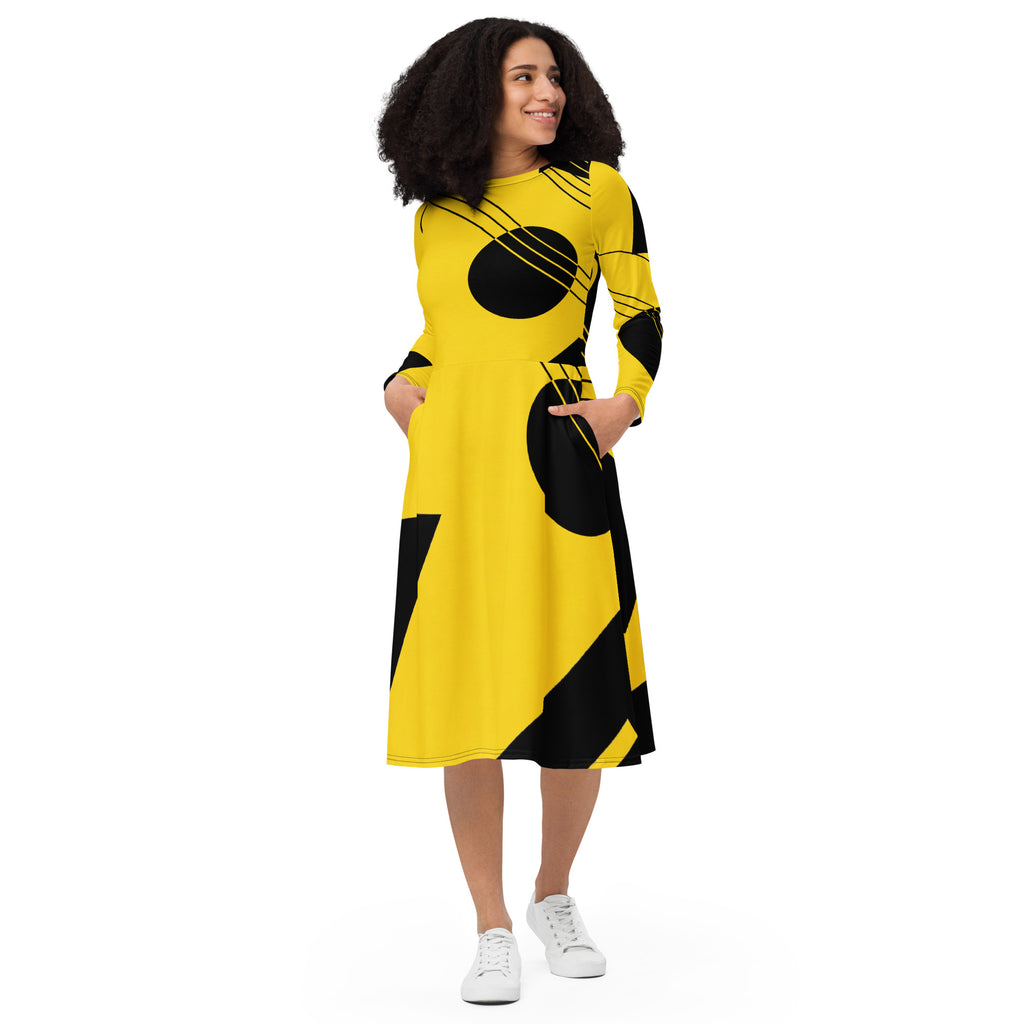 Geometric Kick Fabric Langärmliges Damen Midikleid in Gelb und schwarz von majorprint