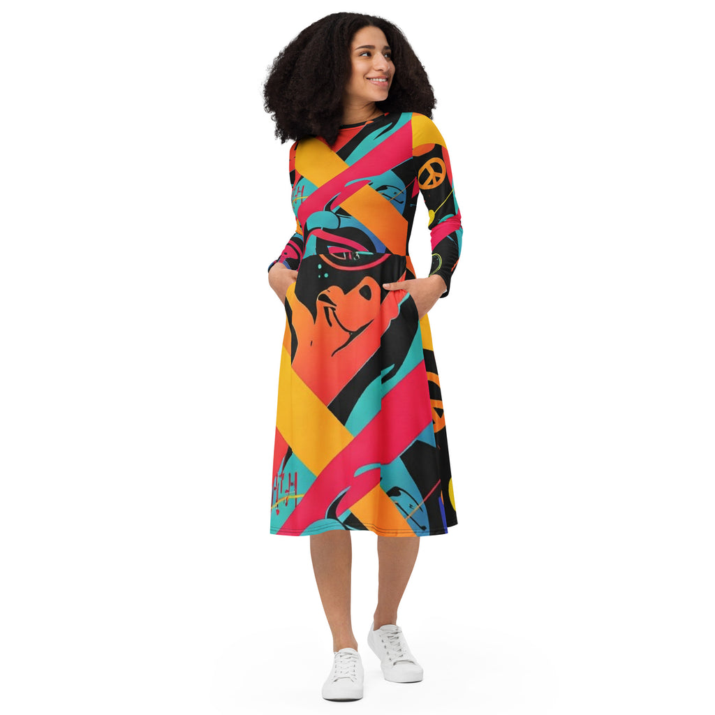 Buntes Groovy Hippie Power Langärmliges Damen Midikleid von majorprint