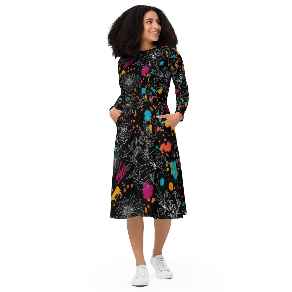 Modern Pop Art langärmliches Damen Midikleid in Gelb, Türkis , Magenta und schwarz von majorprint