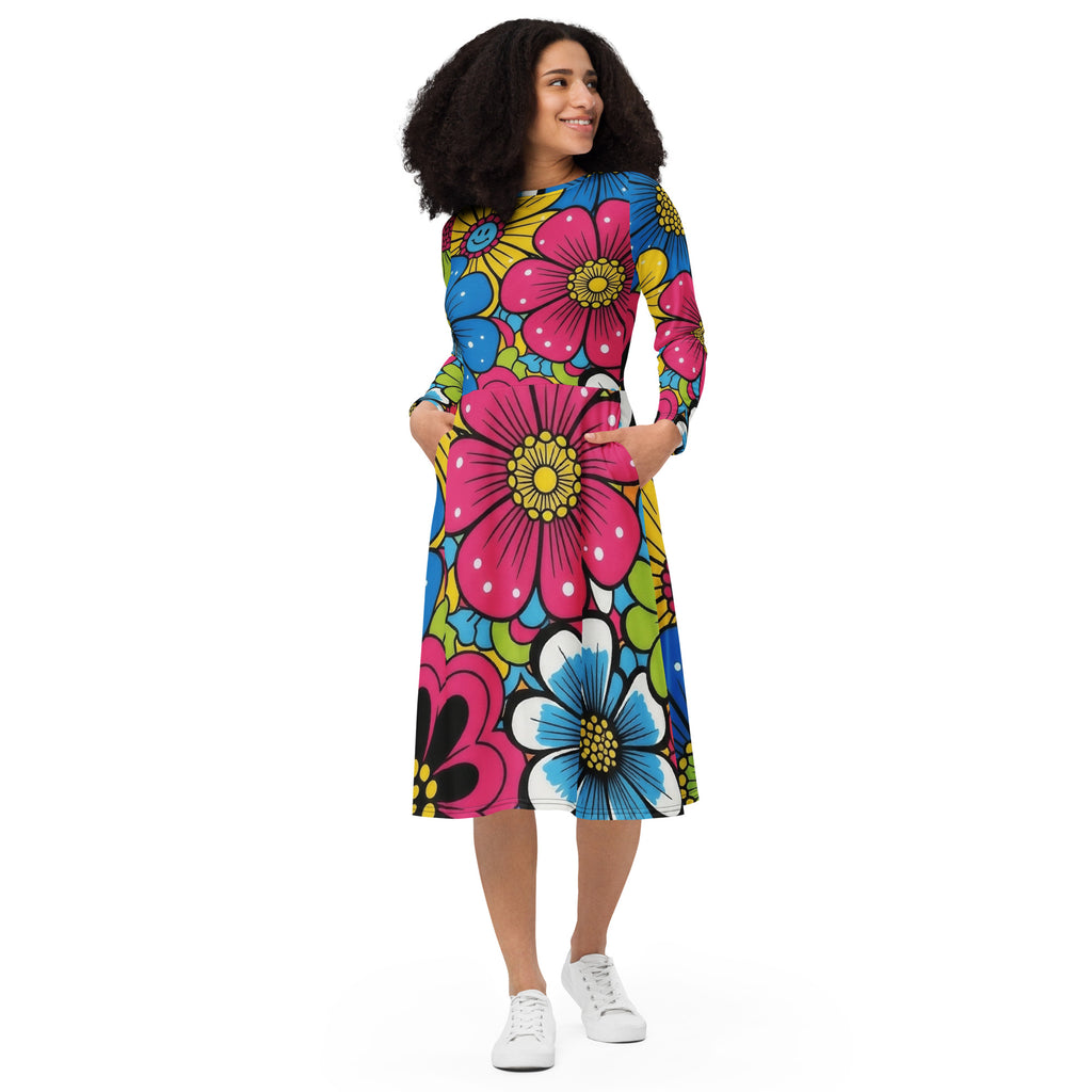 Flower Power langärmliches Damen Midikleid in Pink, Blau, Gelb und Grün von majorprint