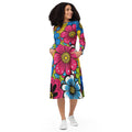 Flower Power langärmliches Damen Midikleid in Pink, Blau, Gelb und Grün von majorprint