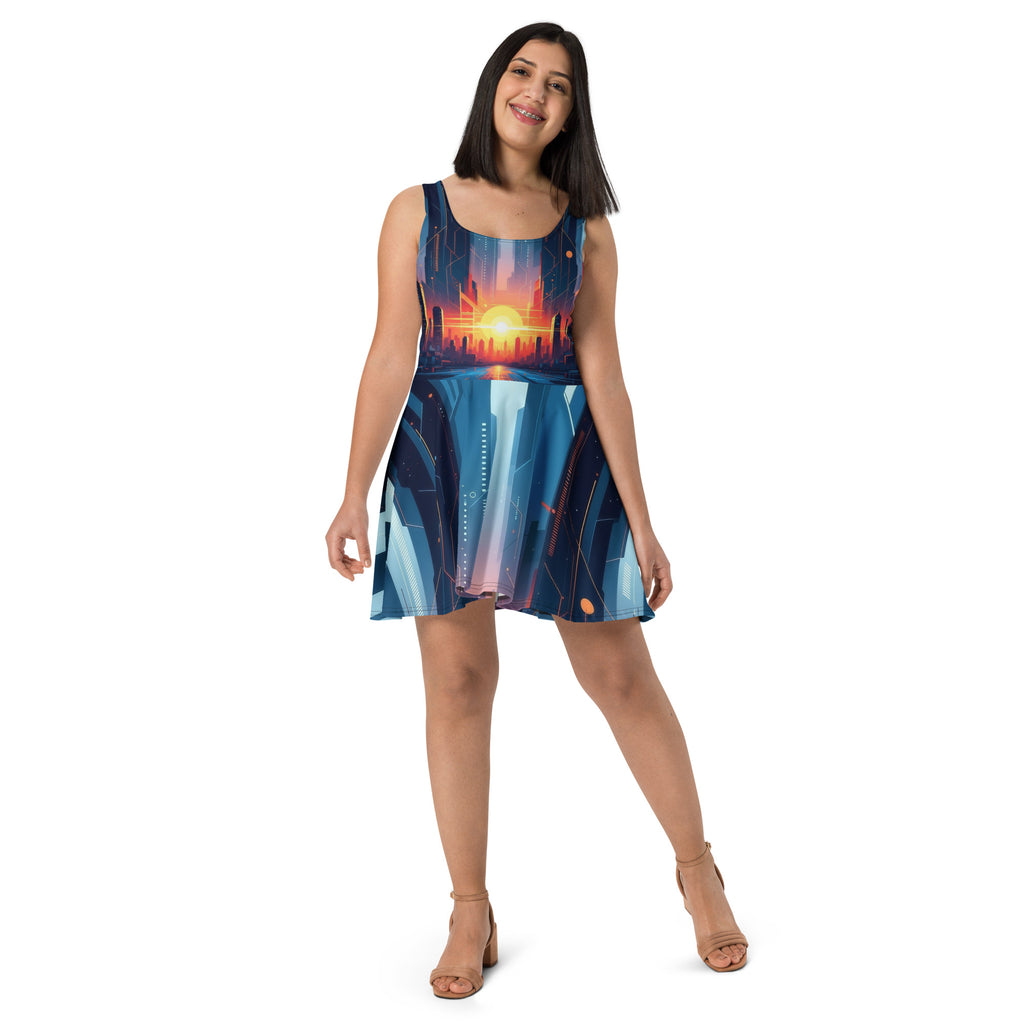 Neon Tech Damen Skater kleid in Orange und Blau majorprint