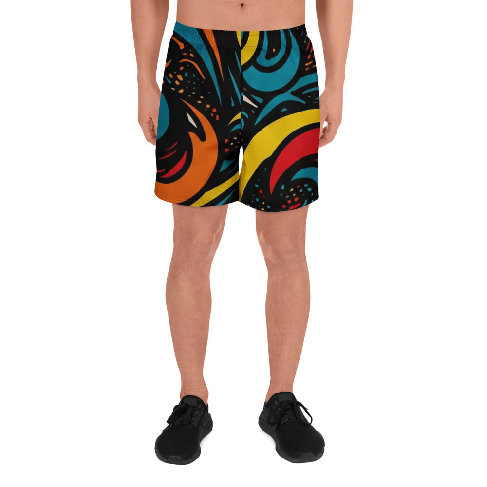 "Badeshortsunisex mit abstraktem Allover-Print in Türkis, Gelb und Rot. Das Design von majorprint zeigt dynamische Wellenformen auf schwarzem Grund – ideal für Strand und Pool