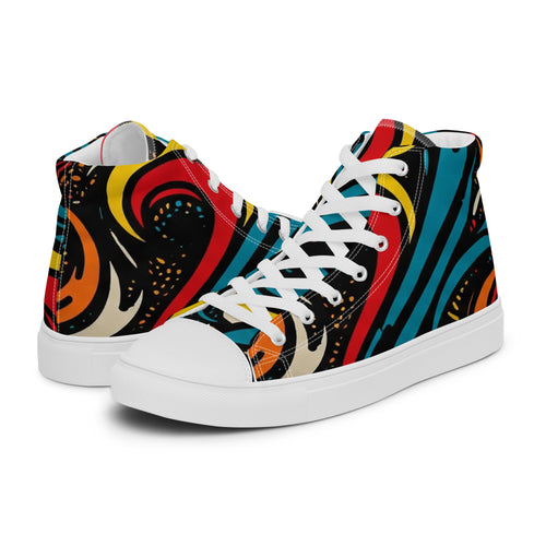 Herren-Canvas-Schuhe von Majorprint im abstrakten Hippie-Flow-Design, weiße High-Top-Sneaker aus Leinwand, linke Seite.