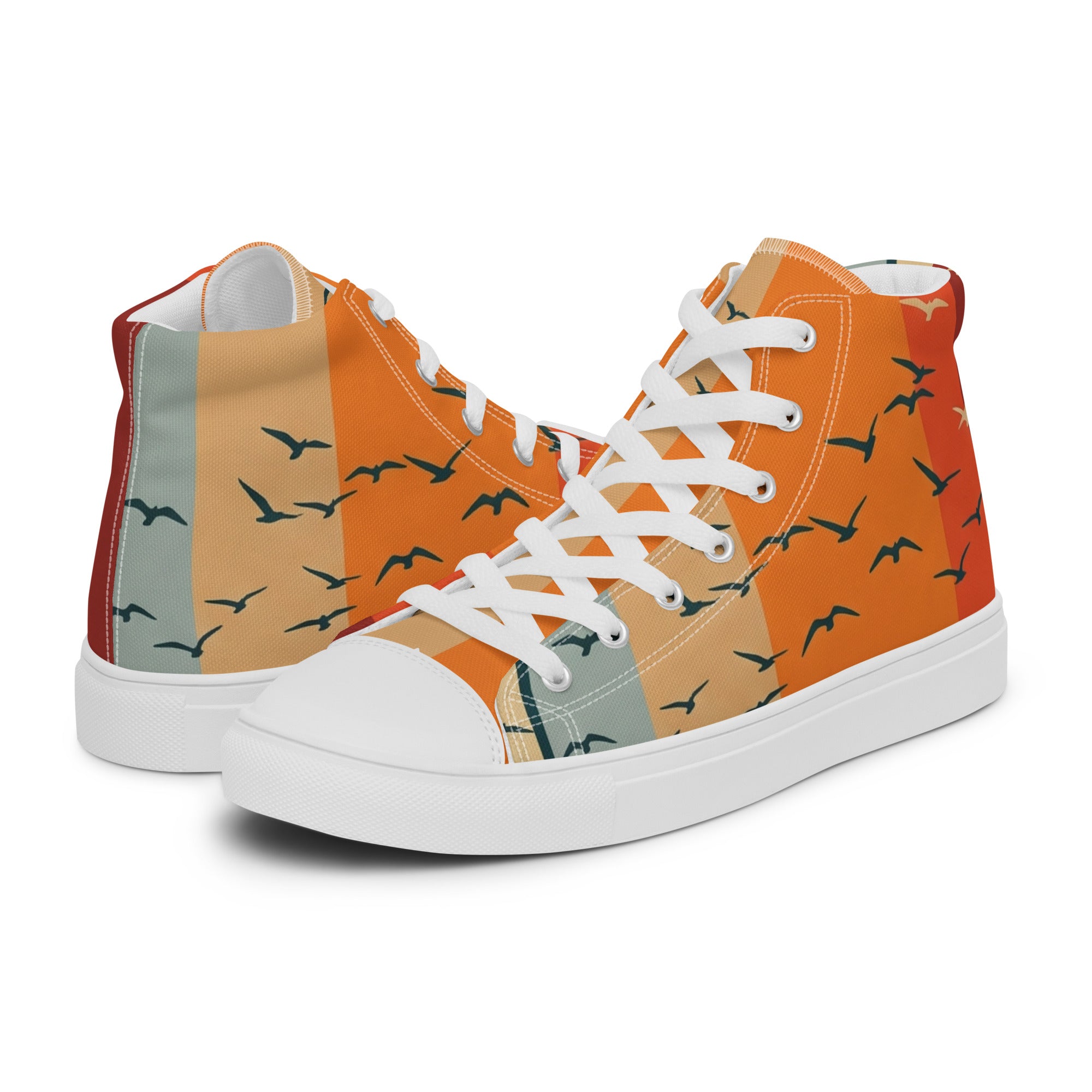 Herren-High-Top-Leinenschuhe von majorprint mit Retro-Sonnenuntergang-Design in Weiß, sichtbare Seite, bequeme Sneaker für den Alltag