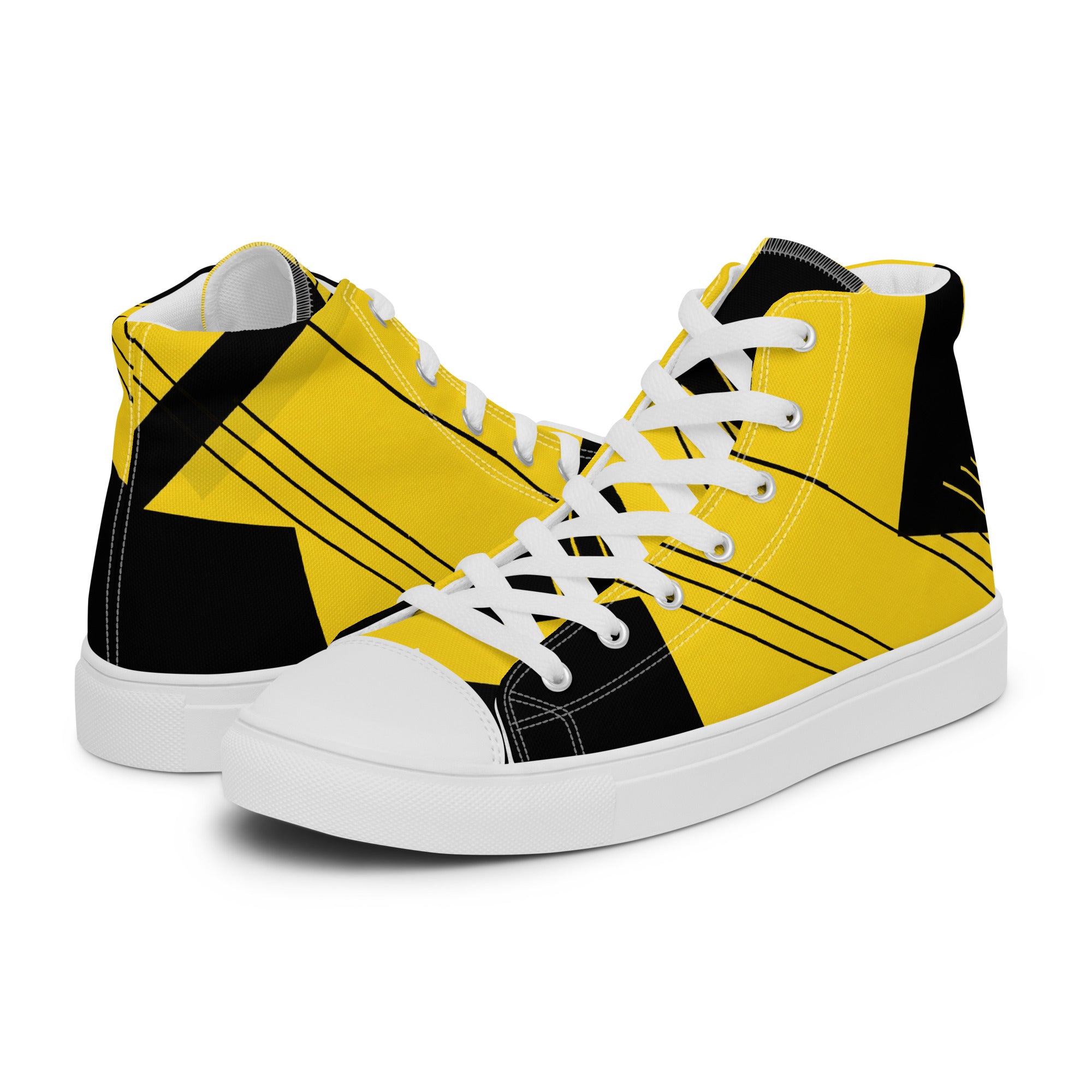 Majorprint Signal Gelbe urbane Herren High-Top Leinenschuhe, weiße Canvas-Schuhe, links sichtbar, modischer Schuh für Alltag.
