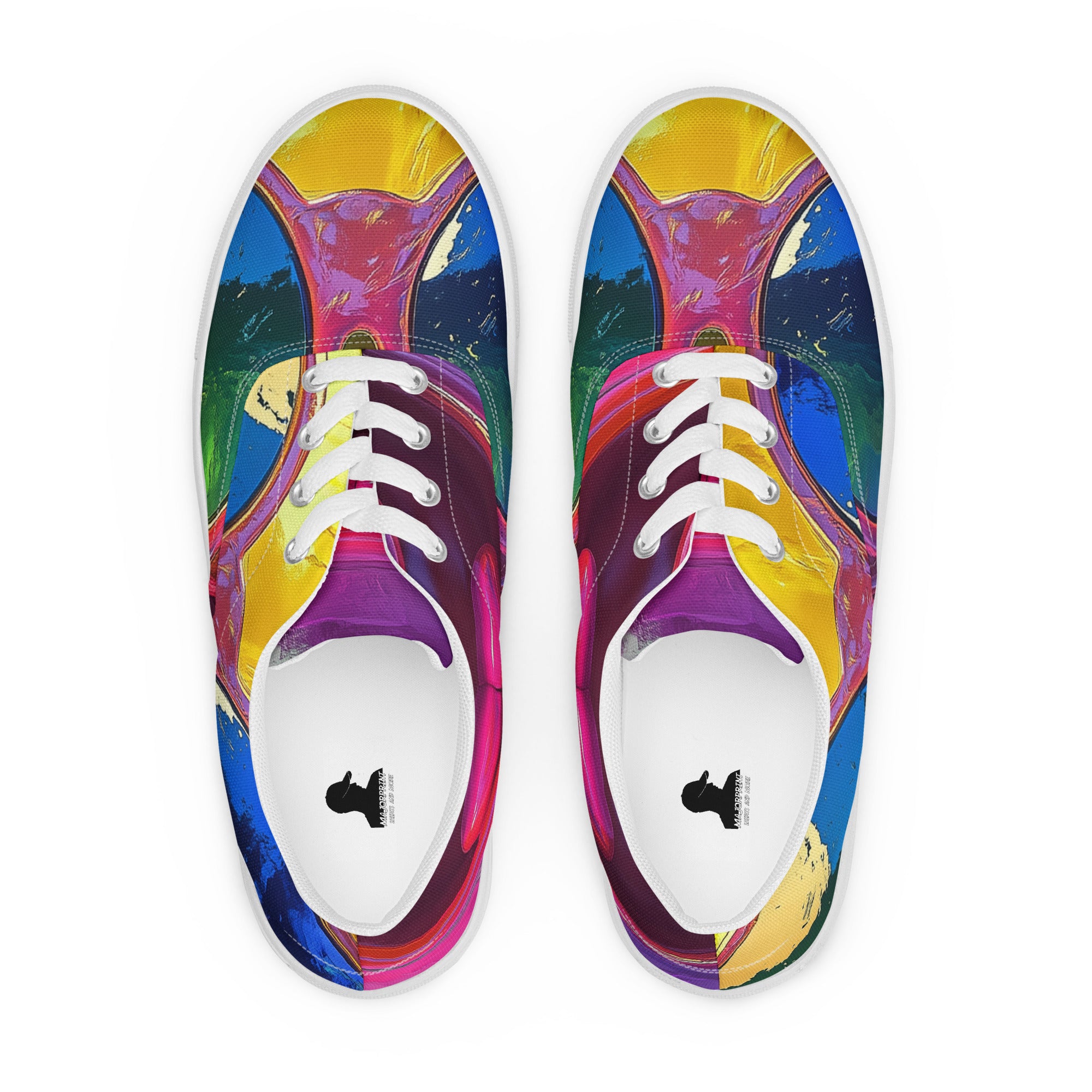 Weiße Herren-Canvas-Schuhe im Pop Art Expression Design von majorprint, mit Schnürung und farbenfrohem Muster.