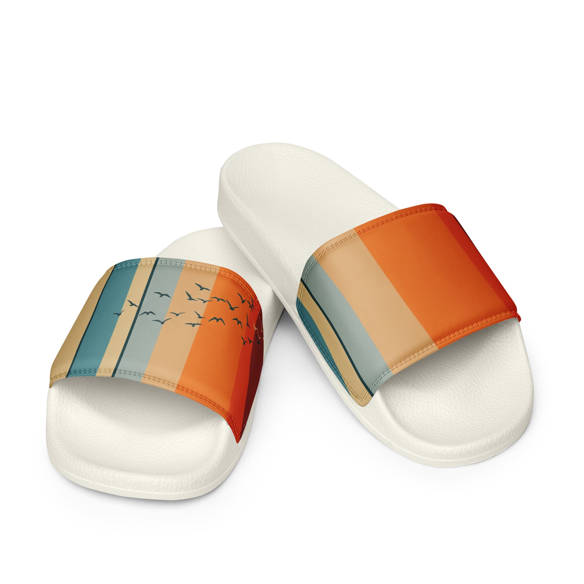 Weiße Herren-Slippers im Retro Sunset Design von majorprint, bequeme Schuhe für einen entspannten Look