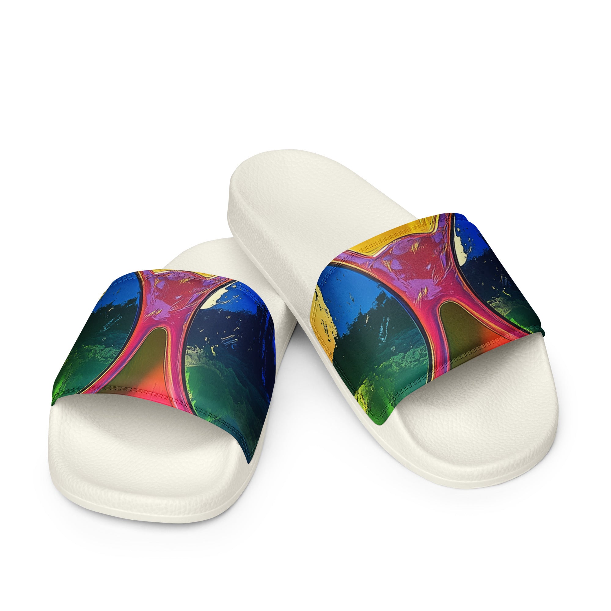 Weiße Herren-Schlappen im Pop Art Expression Design von majorprint, bequeme und stilvolle Sandalen für den Alltag.