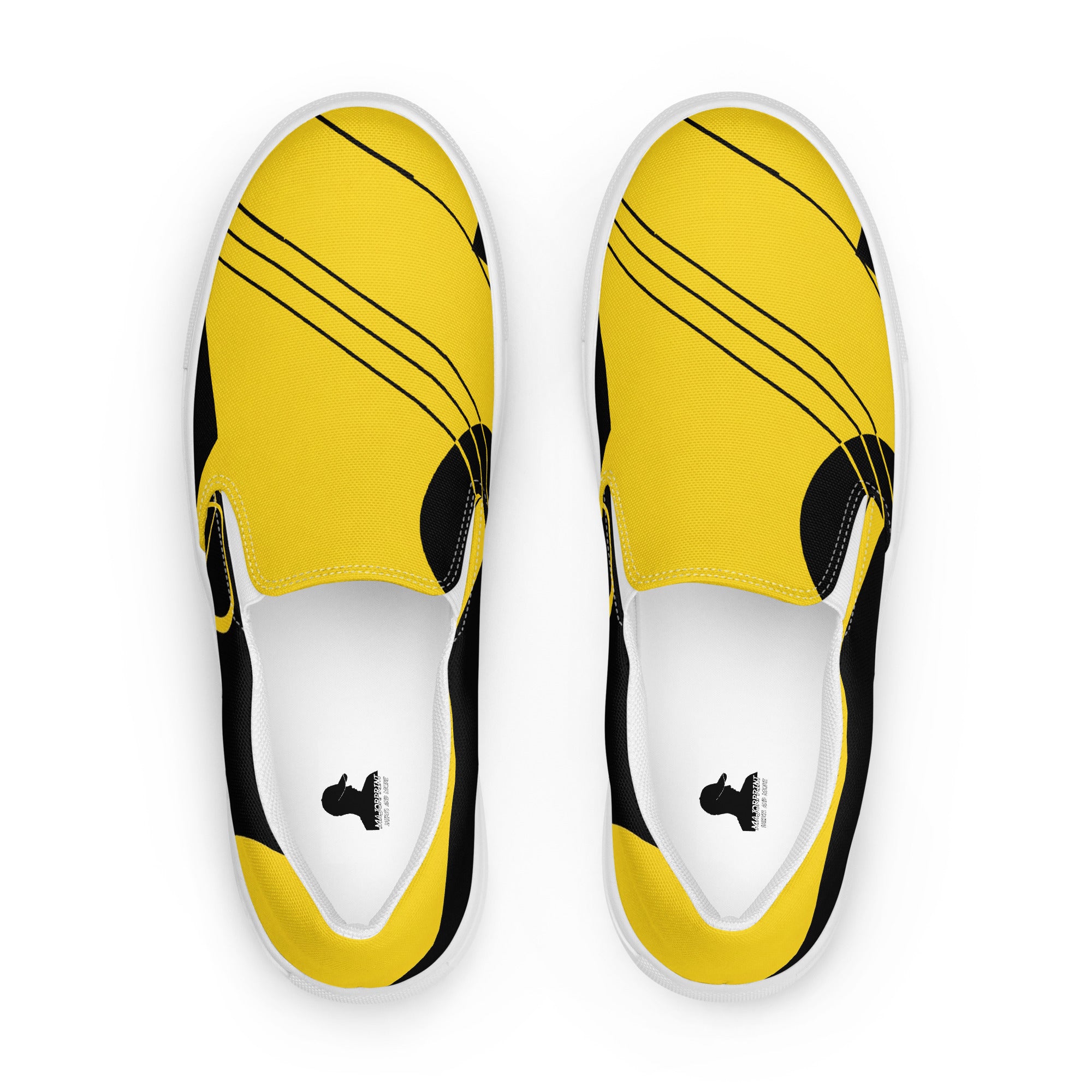 Signalgelbe Urban Herren-Canvas-Slippers von majorprint, Nahaufnahme der weißen Slip-On-Schuhe mit Frontansicht